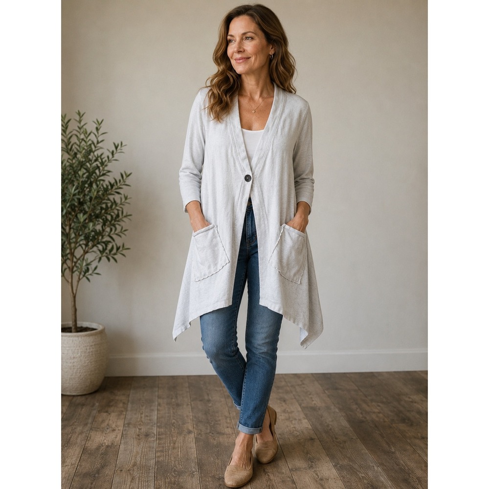 Crinkle Knit Sharkbite Cardigan Single Button Pockets Scandi boho lt gray Medium